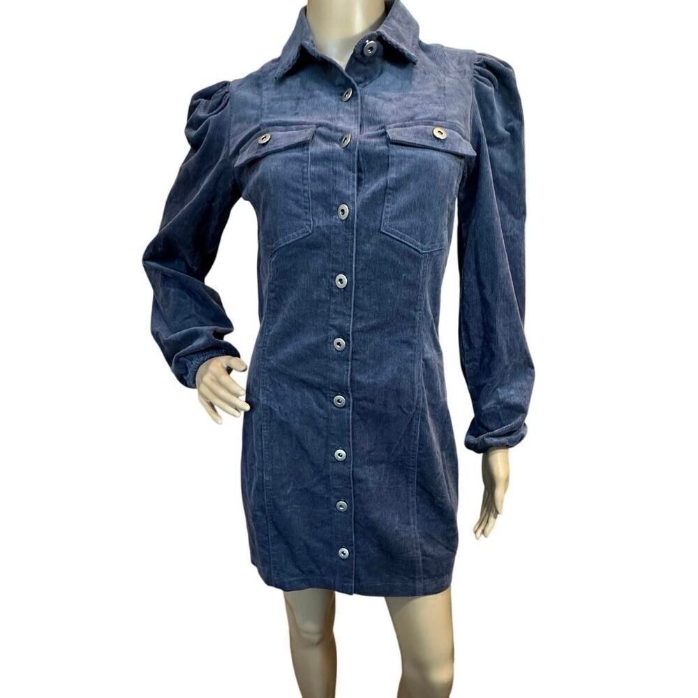 NWT Forever 21 SZ Small Navy Corduroy Button Up Puffy Sleeve Mini Shirt Dress